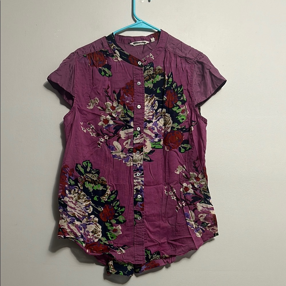 Soft surroundings purple floral button up top petite XL silk sleeve